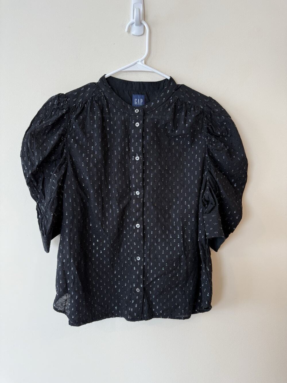 Gap Black Puff Sleeve Blouse Metallic Polka Dots Large Boho Party